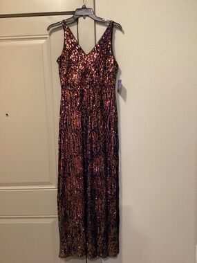 Nightway Navy Sequin V-neck Sleeveless Maxi Dress Size 10 P